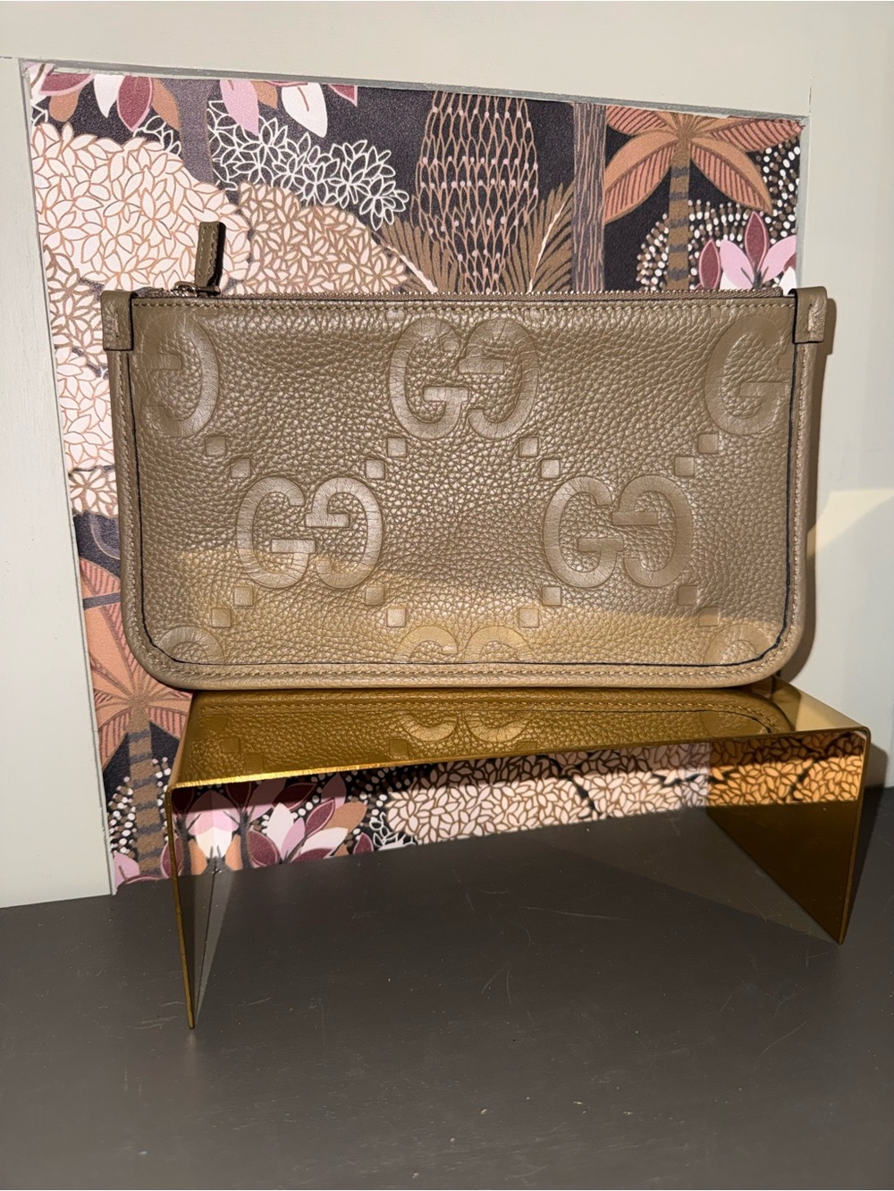 Gucci Taupe Embossed GG Leather Wristlet Clutch